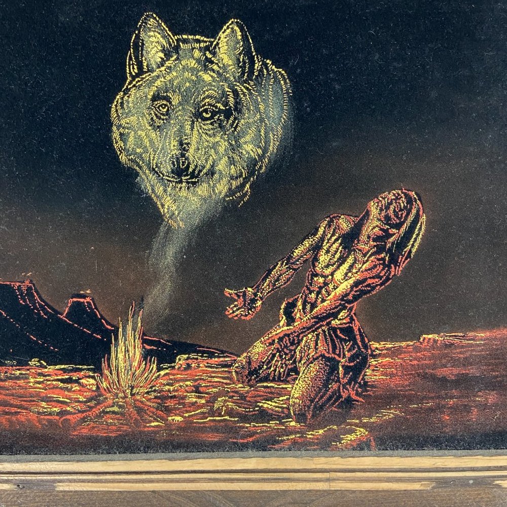 Vintage Black Velvet Painting Spirit of the Wolf Signed Circa 1970 kitschy - Picture 2 of 8